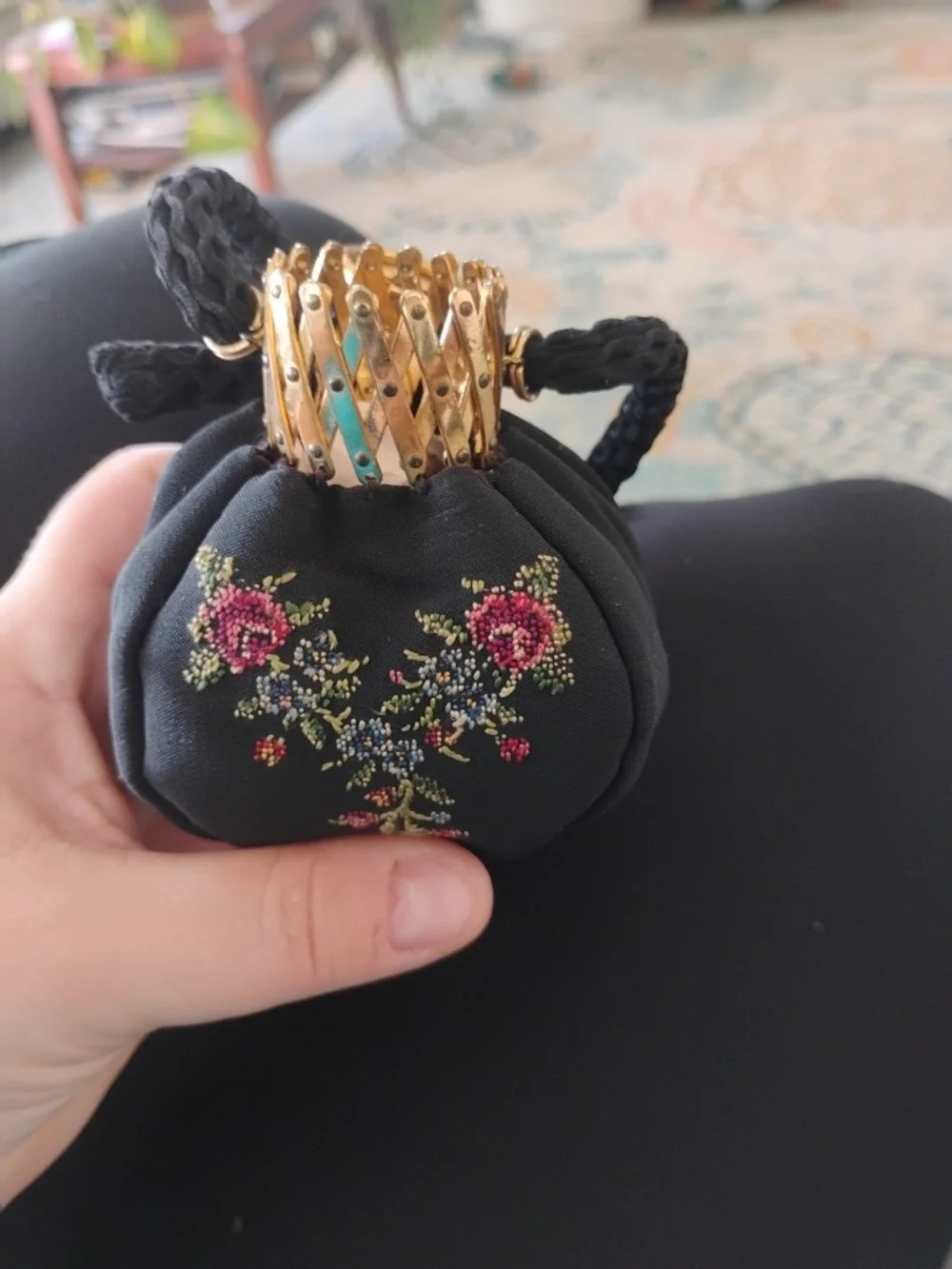 Black Floral Embroidered Wristlet Cosmetic Pouch
